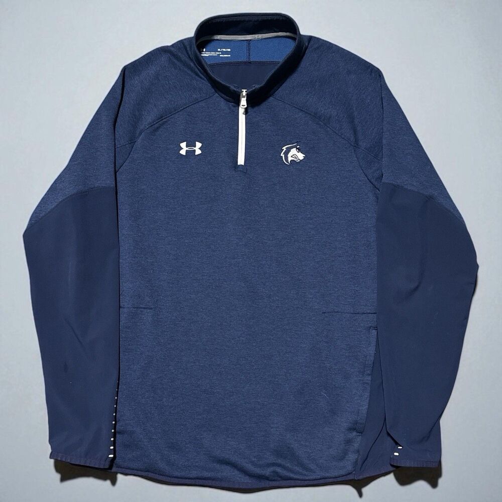Under Armour Shirt XL Navy ColdGear 1/4 Zip Pullover Logo Wolf Husky Team Issue